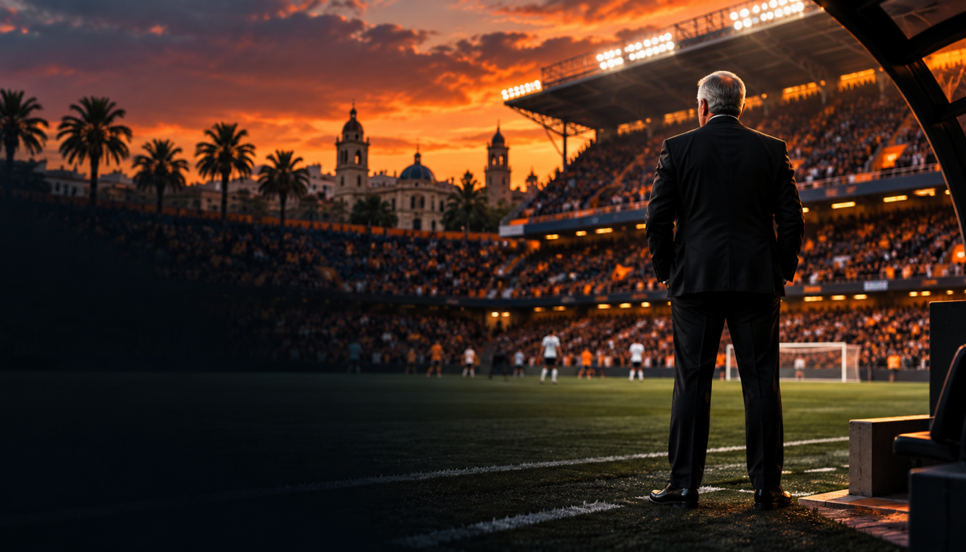Ilustración de un entrenador de espaldas ante un estadio al atardecer
