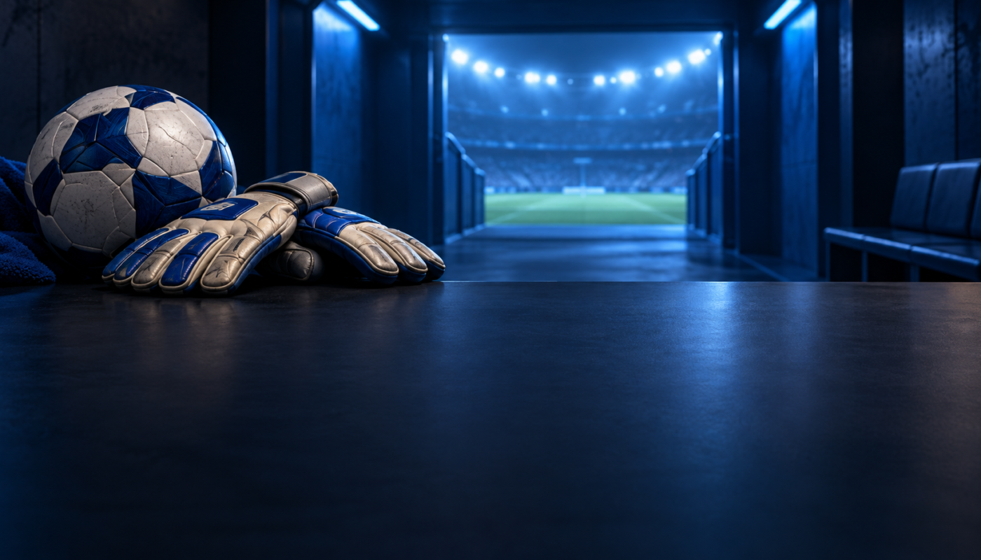 Ilustración original de guantes de portero y balón en un túnel de estadio azul
