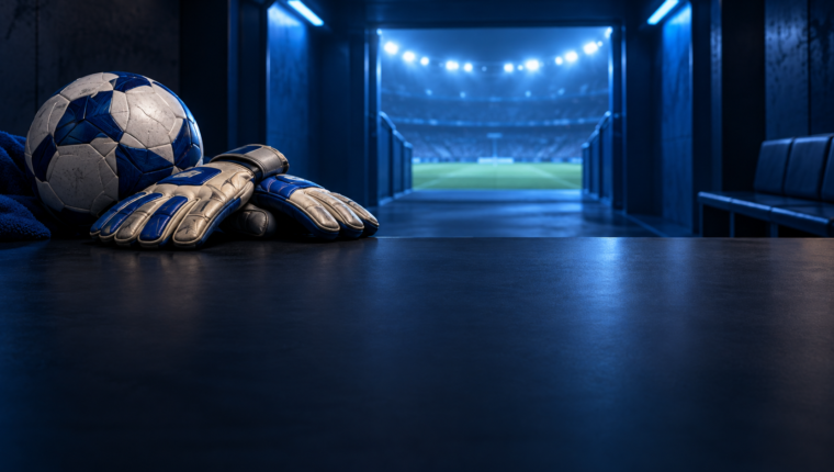 Ilustración original de guantes de portero y balón en un túnel de estadio azul