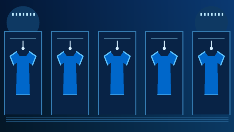 Ilustración original de cinco camisetas azules en vestidores iluminados, en referencia a los futbolistas de Cruz Azul convocados durante la Fecha FIFA.