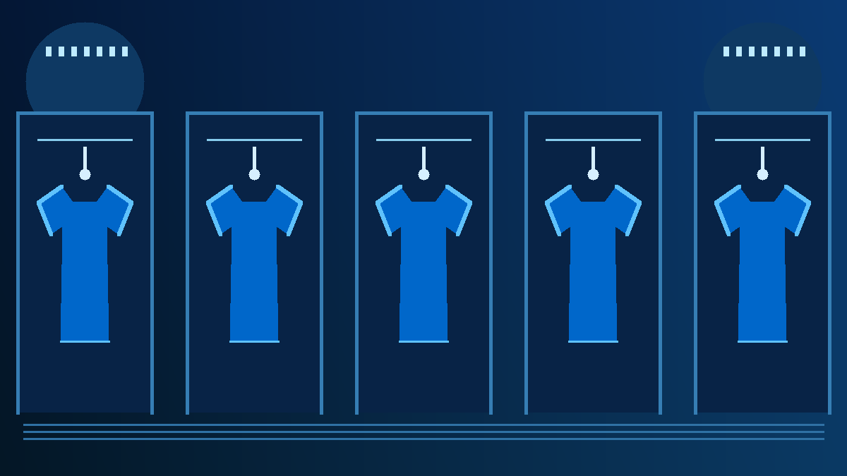 Ilustración original de cinco camisetas azules en vestidores iluminados, en referencia a los futbolistas de Cruz Azul convocados durante la Fecha FIFA.