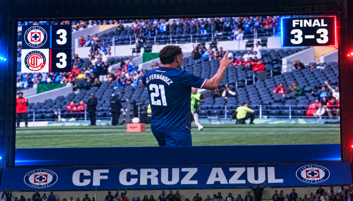Gabriel Fernández celebra frente al marcador final Cruz Azul 3-3 Toluca