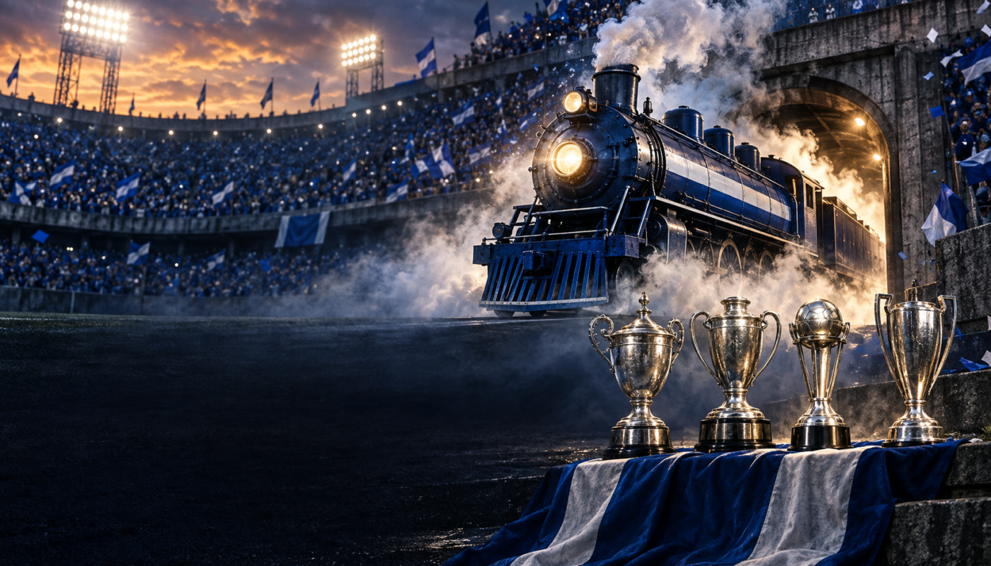 Ilustración editorial de una locomotora azul y cuatro trofeos, en referencia al histórico año 1969 de Cruz Azul