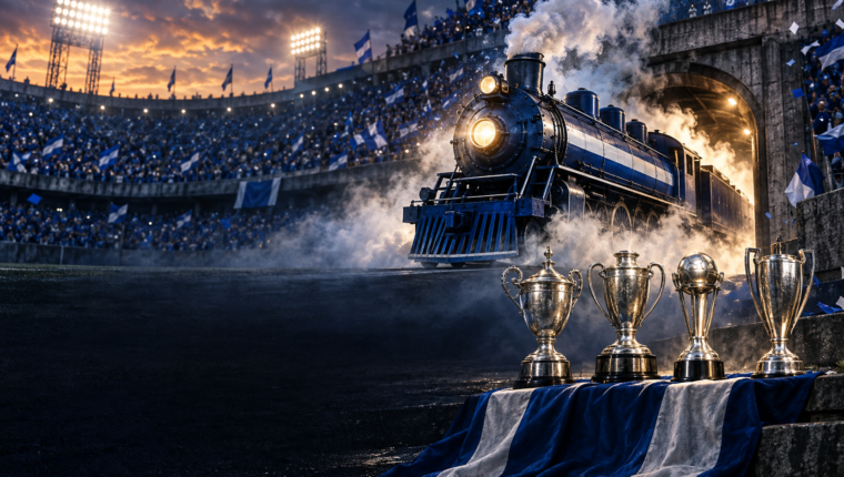 Ilustración editorial de una locomotora azul y cuatro trofeos, en referencia al histórico año 1969 de Cruz Azul