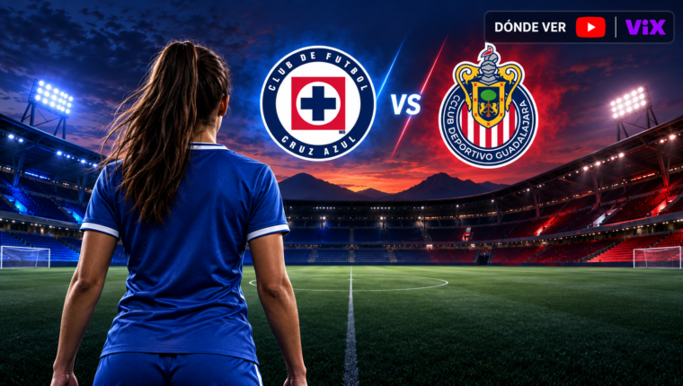 Portada del Cruz Azul Femenil contra Guadalajara: jugadora ficticia de espaldas con camiseta azul, escudos de ambos clubes y transmisión por YouTube y ViX.