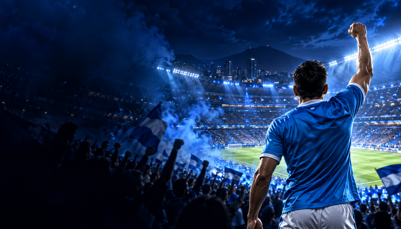 Ilustración editorial de un futbolista celeste celebrando ante un estadio lleno