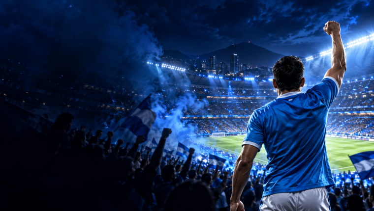 Ilustración editorial de un futbolista celeste celebrando ante un estadio lleno
