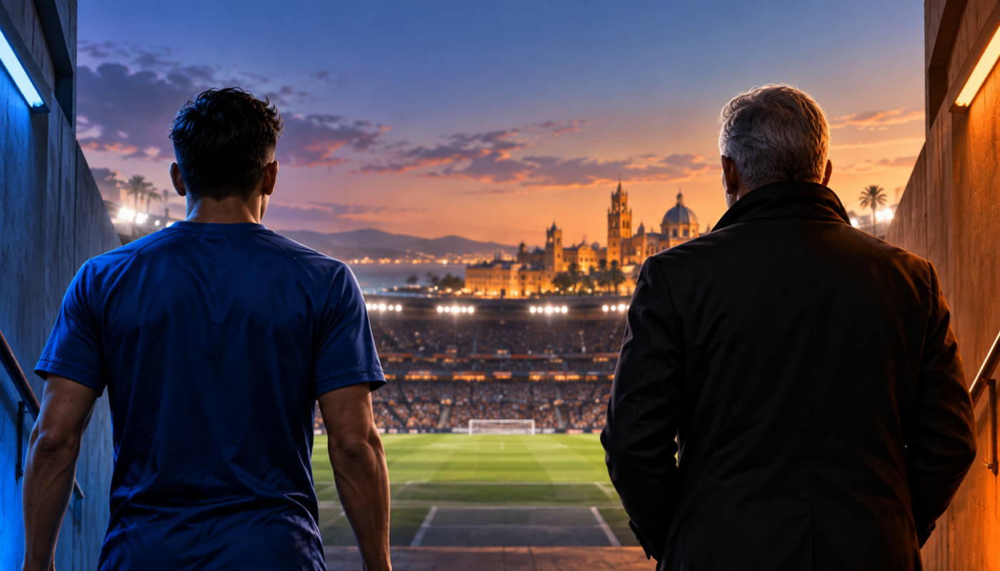 Ilustración editorial ficticia de un futbolista de azul y un entrenador de espaldas, frente a un estadio