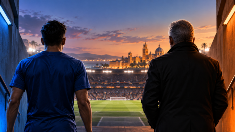 Ilustración editorial ficticia de un futbolista de azul y un entrenador de espaldas, frente a un estadio