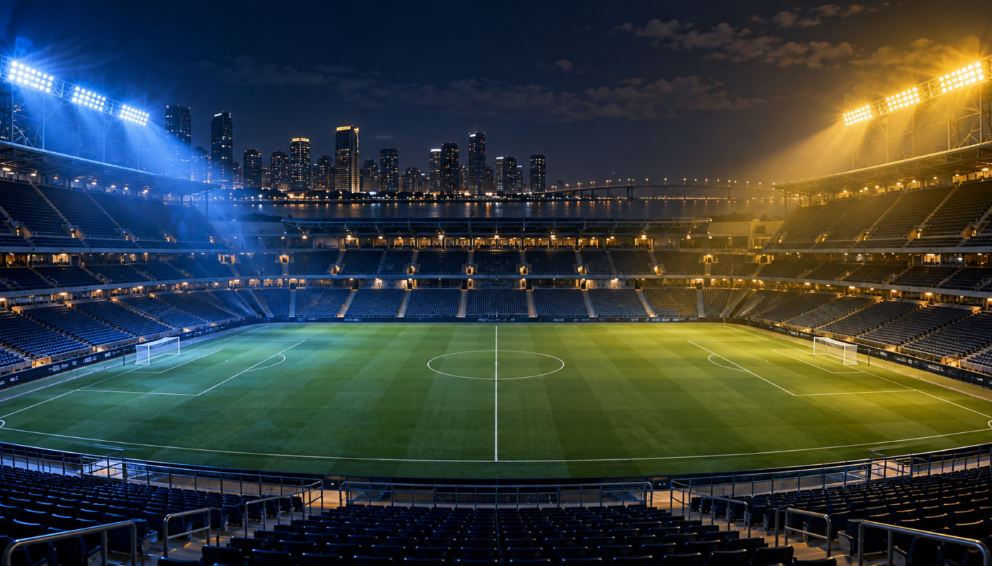 Estadio nocturno iluminado en azul y amarillo para ilustrar el amistoso Cruz Azul contra América en San Diego