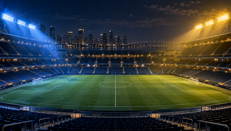 Estadio nocturno iluminado en azul y amarillo para ilustrar el amistoso Cruz Azul contra América en San Diego