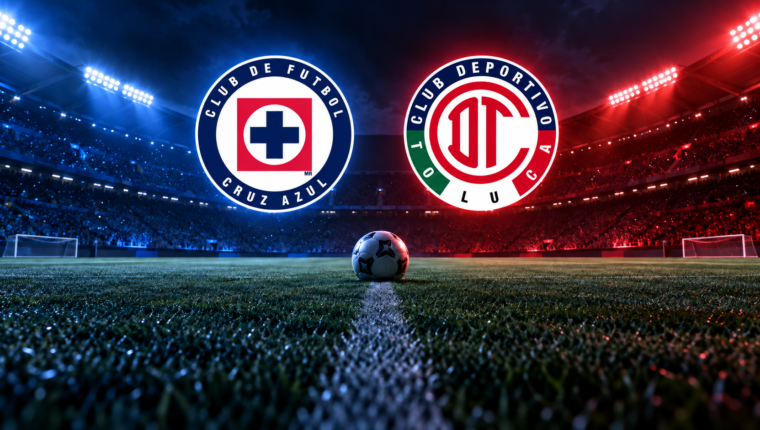 Portada de Cruz Azul contra Toluca con los escudos de ambos clubes sobre un estadio iluminado en azul y rojo