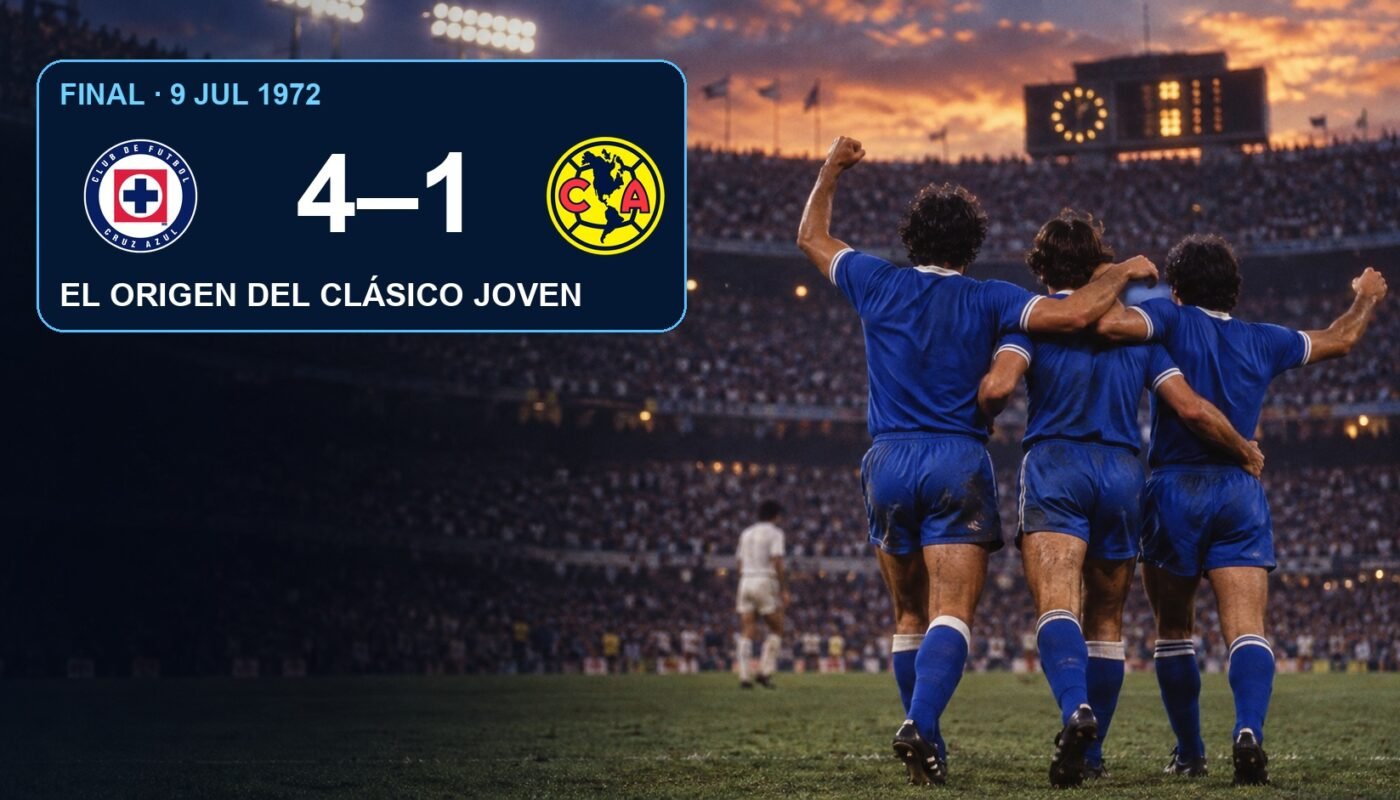 Ilustración editorial de futbolistas de azul celebrando con los escudos de Cruz Azul y América y el marcador 4-1