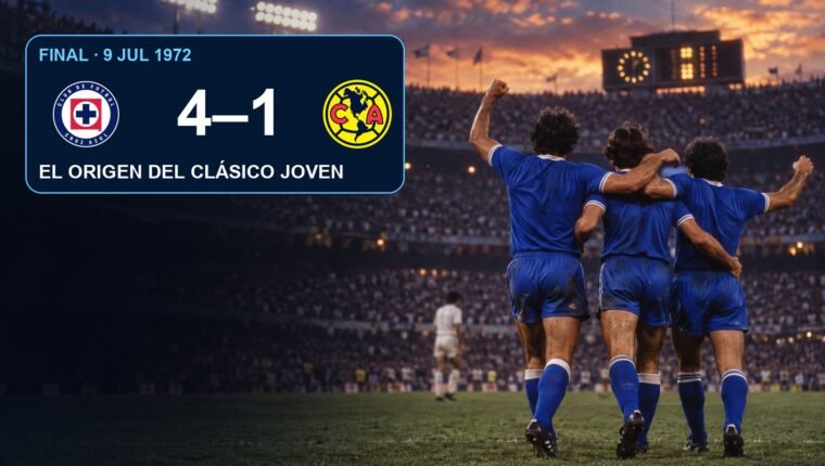 Ilustración editorial de futbolistas de azul celebrando con los escudos de Cruz Azul y América y el marcador 4-1