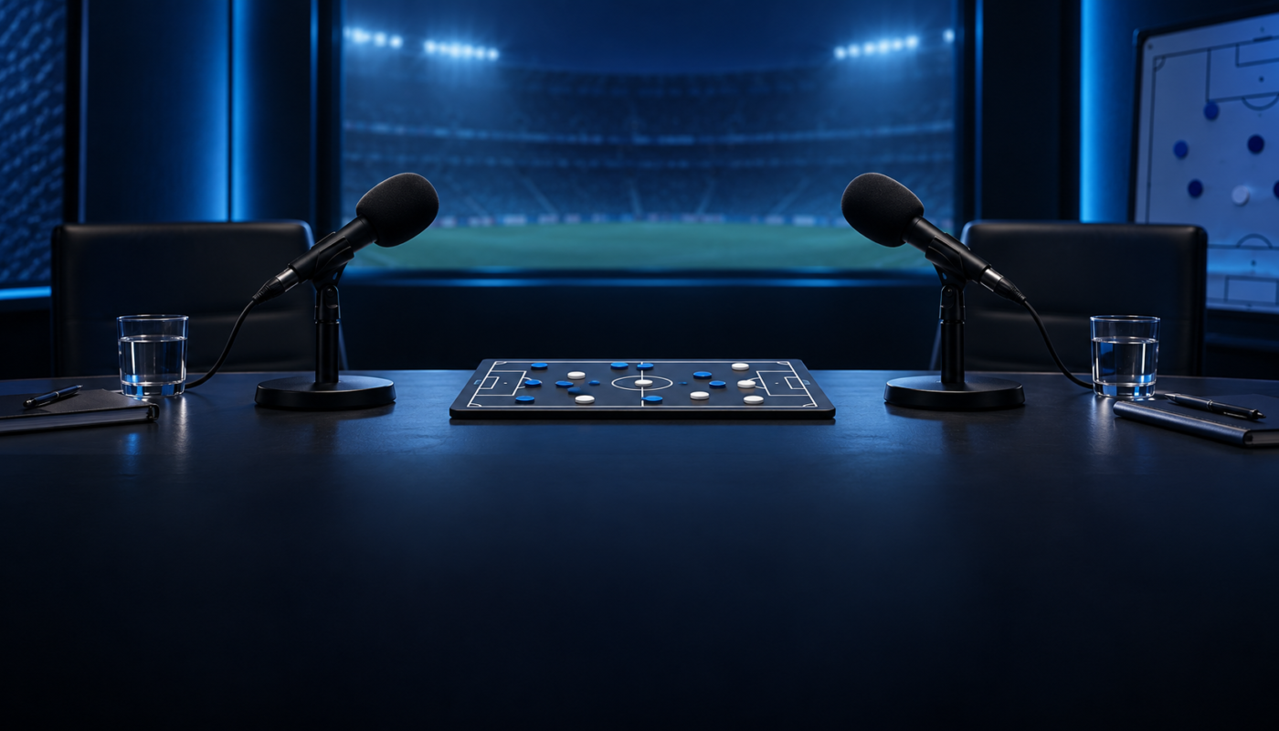 Dos micrófonos frente a una pizarra táctica azul en una mesa de análisis futbolístico.