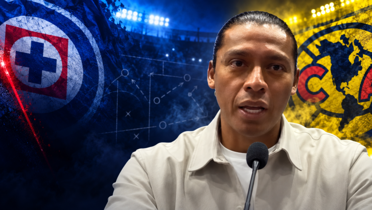 Joel Huiqui ante un fondo editorial con los escudos de Cruz Azul y América
