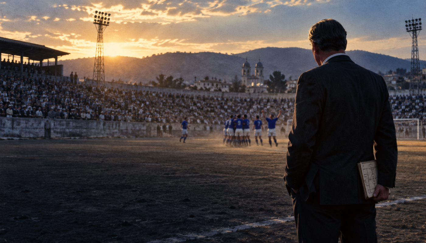Ilustración editorial de un entrenador de los años sesenta observando a un equipo de futbol vestido de azul