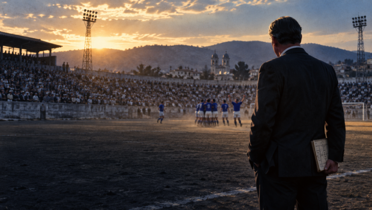 Ilustración editorial de un entrenador de los años sesenta observando a un equipo de futbol vestido de azul