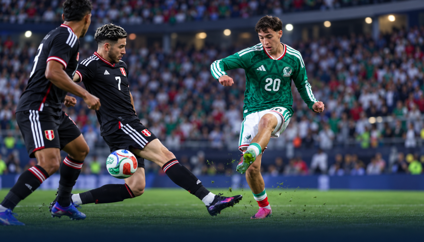Jugador de México disputa el balón ante dos futbolistas de Perú