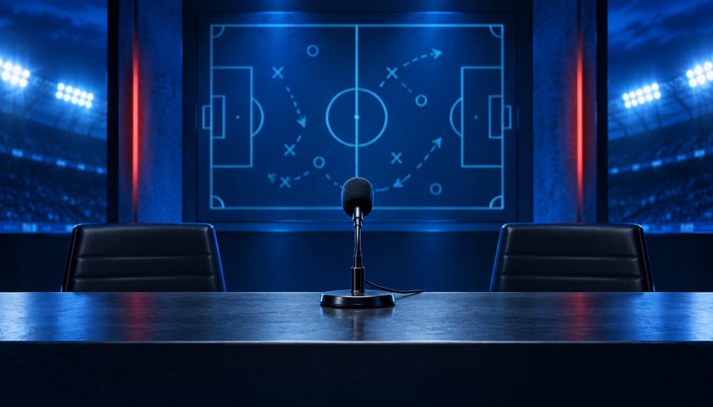 Ilustración original de sala de prensa de futbol con un micrófono y pizarra táctica azul, para el video de Polett Ramírez sobre el Tuca y Huiqui.