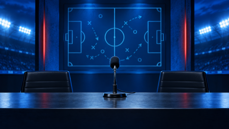 Ilustración original de sala de prensa de futbol con un micrófono y pizarra táctica azul, para el video de Polett Ramírez sobre el Tuca y Huiqui.