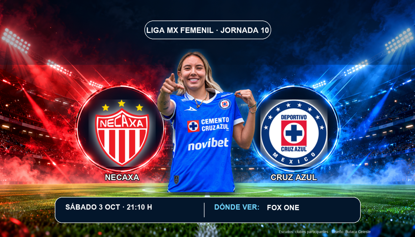 Jugadora de Cruz Azul Femenil entre los escudos de Necaxa y Cruz Azul, con horario y transmisión del partido