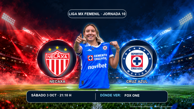 Jugadora de Cruz Azul Femenil entre los escudos de Necaxa y Cruz Azul, con horario y transmisión del partido